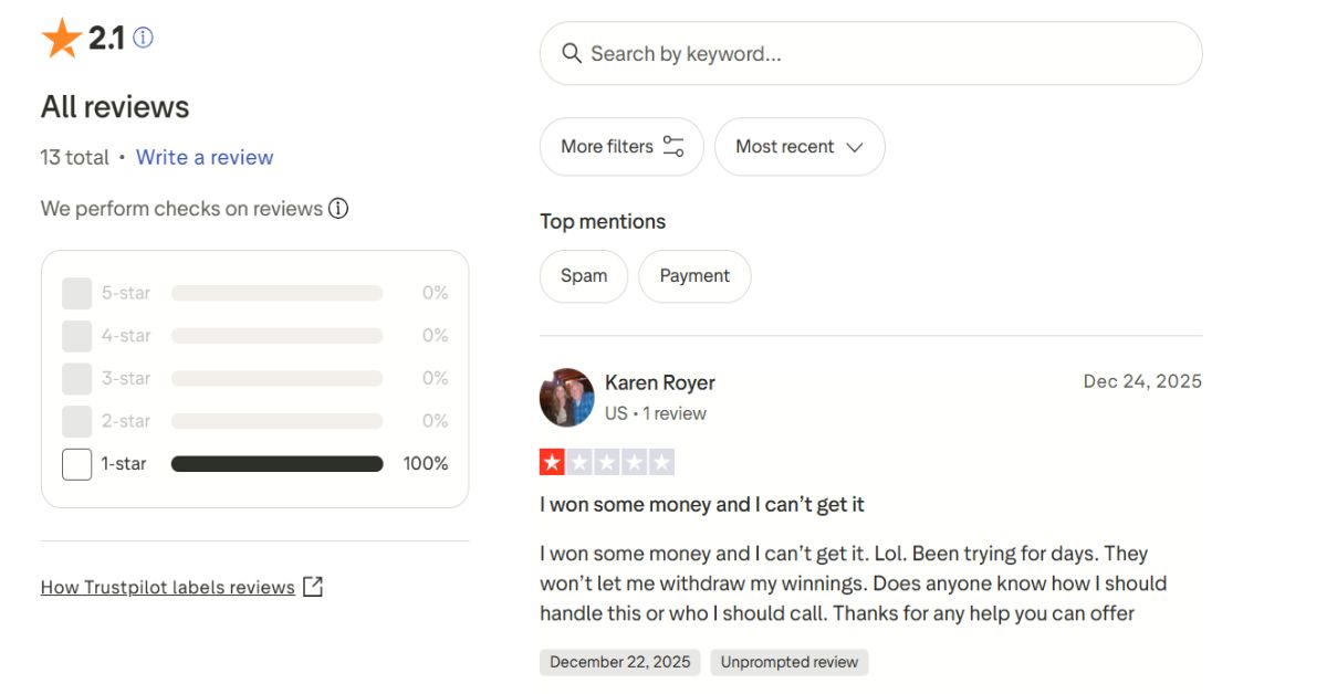 Trustpilot rating Alladins Casino