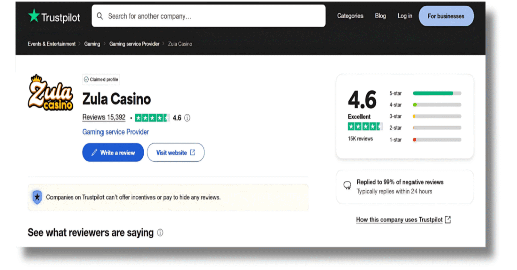 Zula Casino Review by Trustpilot