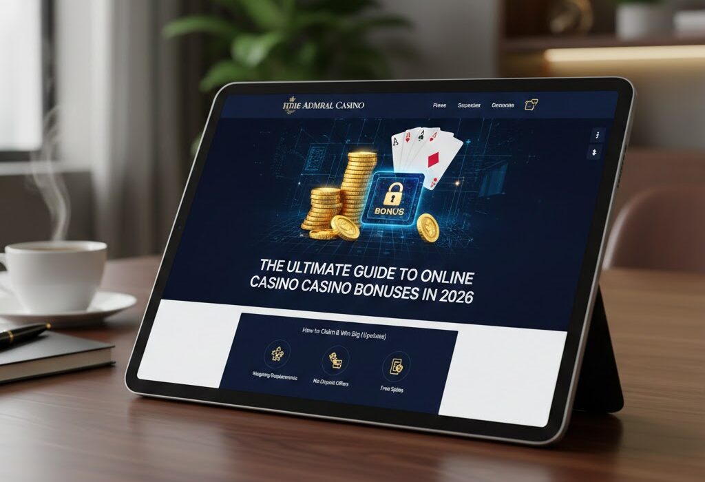 The Ultimate Guide to Online Casino Bonuses in 2026 displayed on a tablet - The Admiral Casino