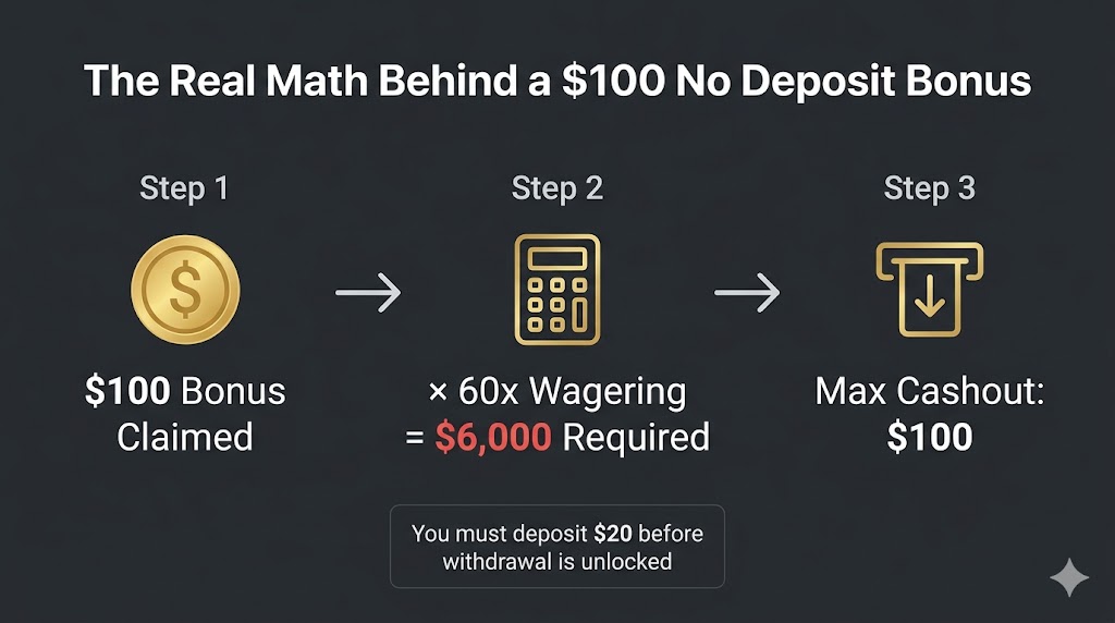 Black Lotus Casino 60x wagering requirement explained — $100 bonus math breakdown