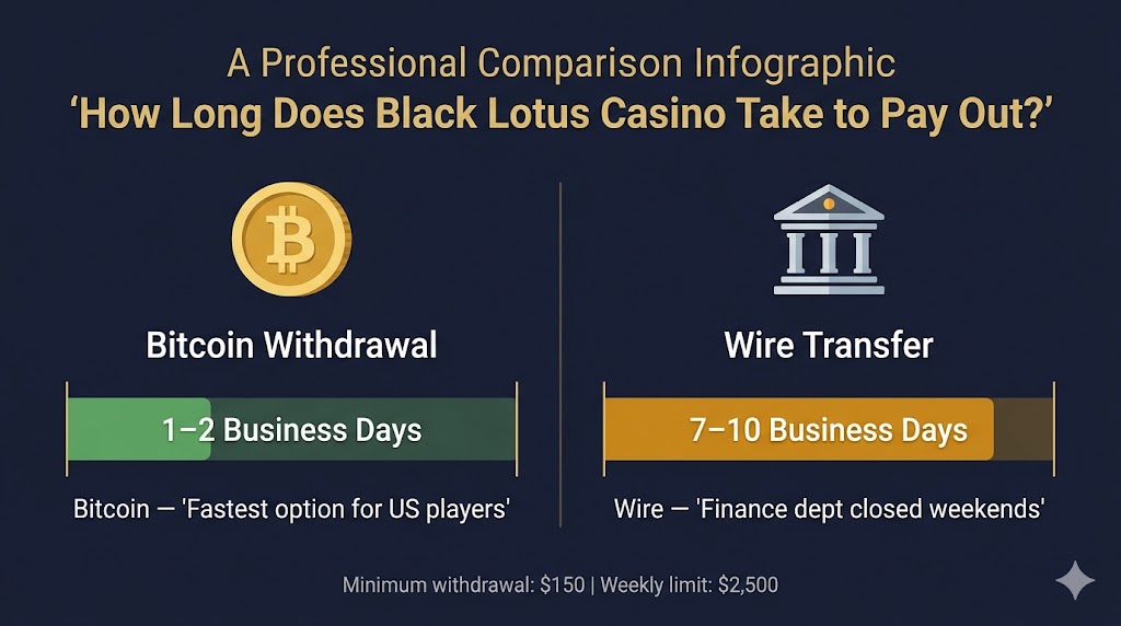 Black Lotus Casino withdrawal methods 2026 — Bitcoin vs Wire Transfer timeline