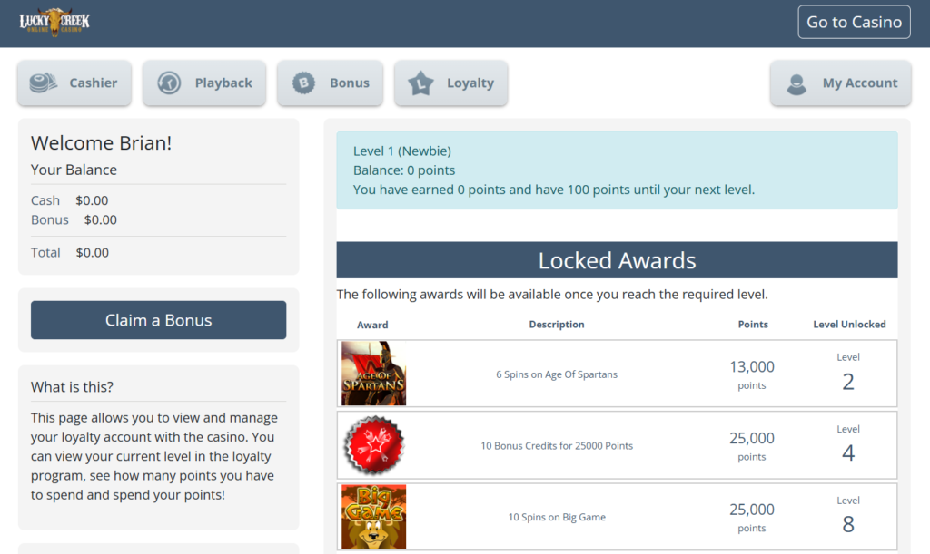 Lucky Creek cashier page showing the bonus code redemption field