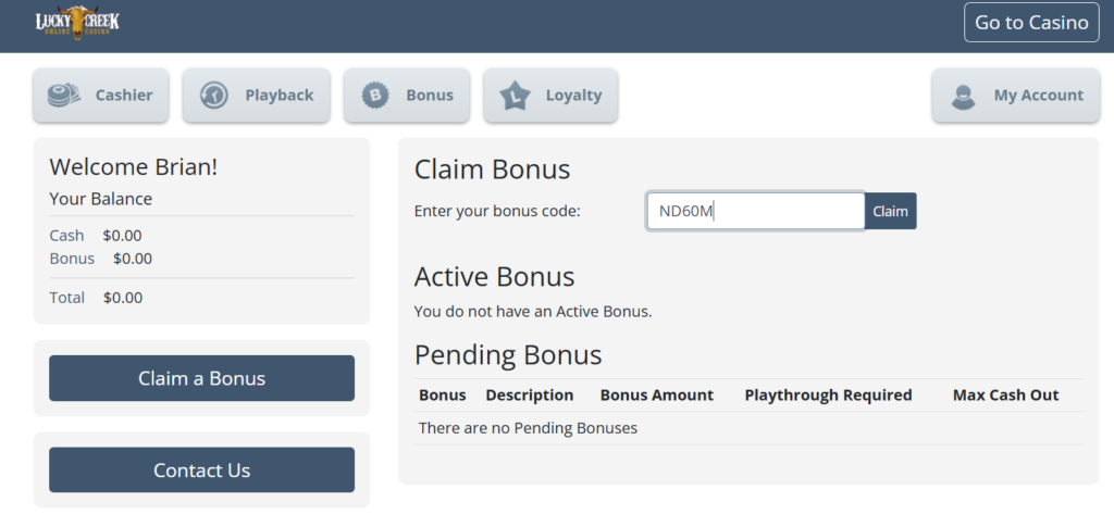 Lucky Creek registration form with the bonus code field