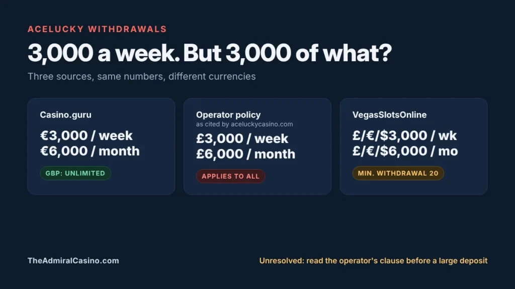 AceLucky withdrawal cap of 3,000 a week shown in GBP and EUR by three different sources
